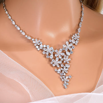 CZ Floral Wishes in a Crystal Dawn Necklace, Long Bridal Jewelry, Bridal Earrings And Necklace, Statement Earrings Cz Necklace Set.